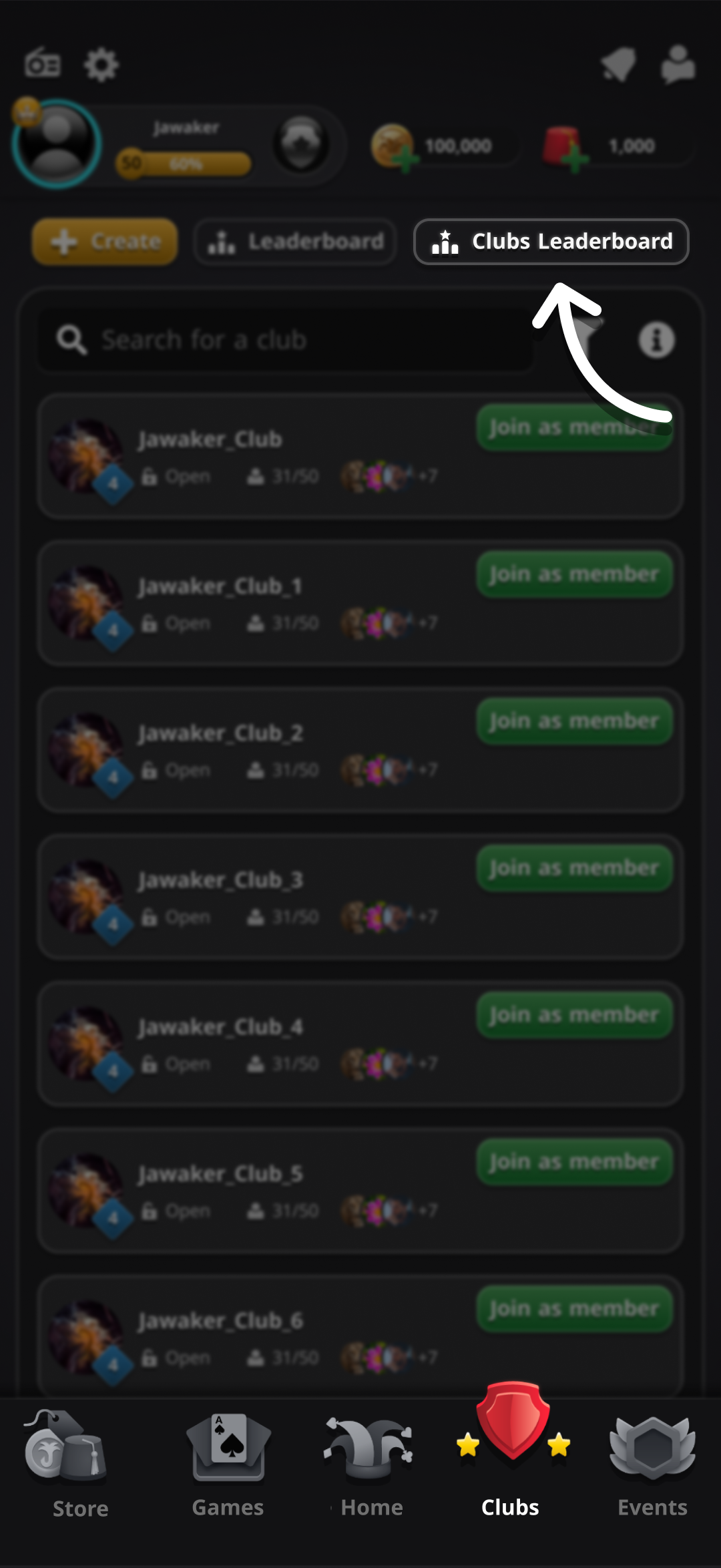 Clubs Leaderboard button on the Clubs page